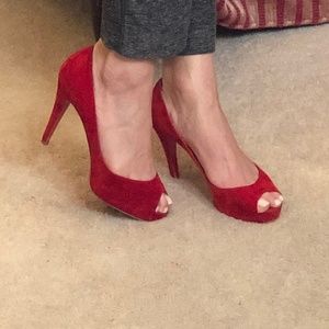 Christian Louboutin Red Suede Peep Toe- 100mm